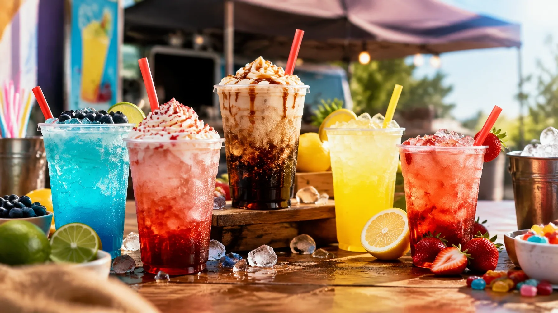 A colorful selection of specialty drinks at a pop-up stand